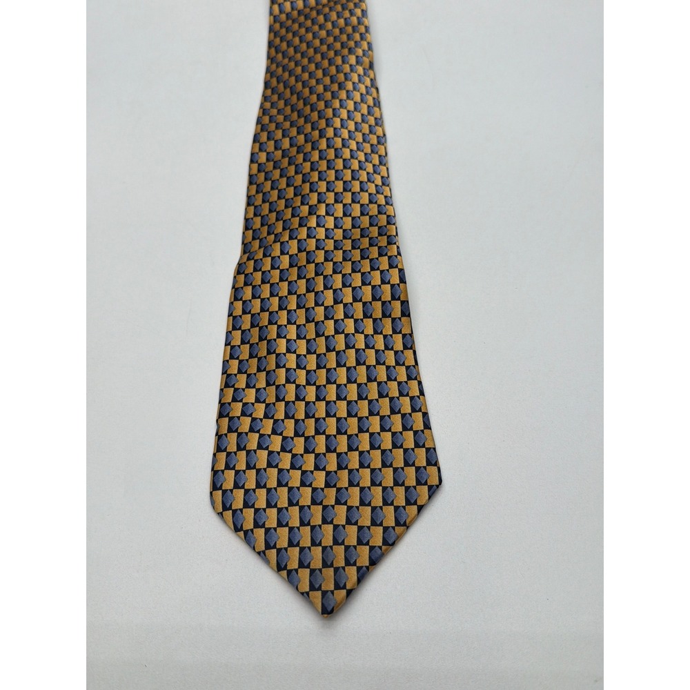 Stonehenge Mens Silk Tie Gold Navy Blue Geometric Diamond Checkerboard Pattern
